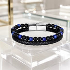 Lapis Lazuli bracelet with braided leather and blue gemstone beads creates bold luxury style appeal