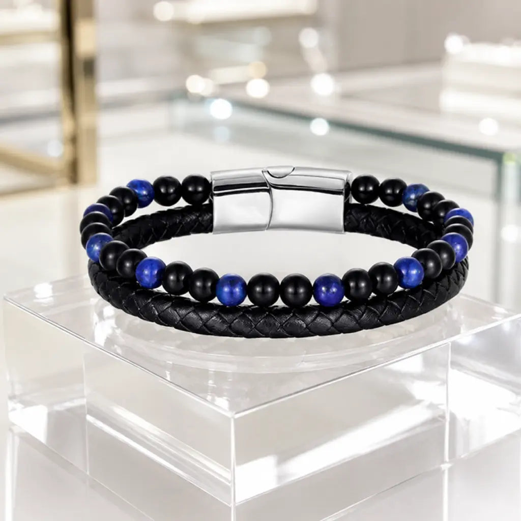 Lapis Lazuli bracelet with braided leather and blue gemstone beads creates bold luxury style appeal