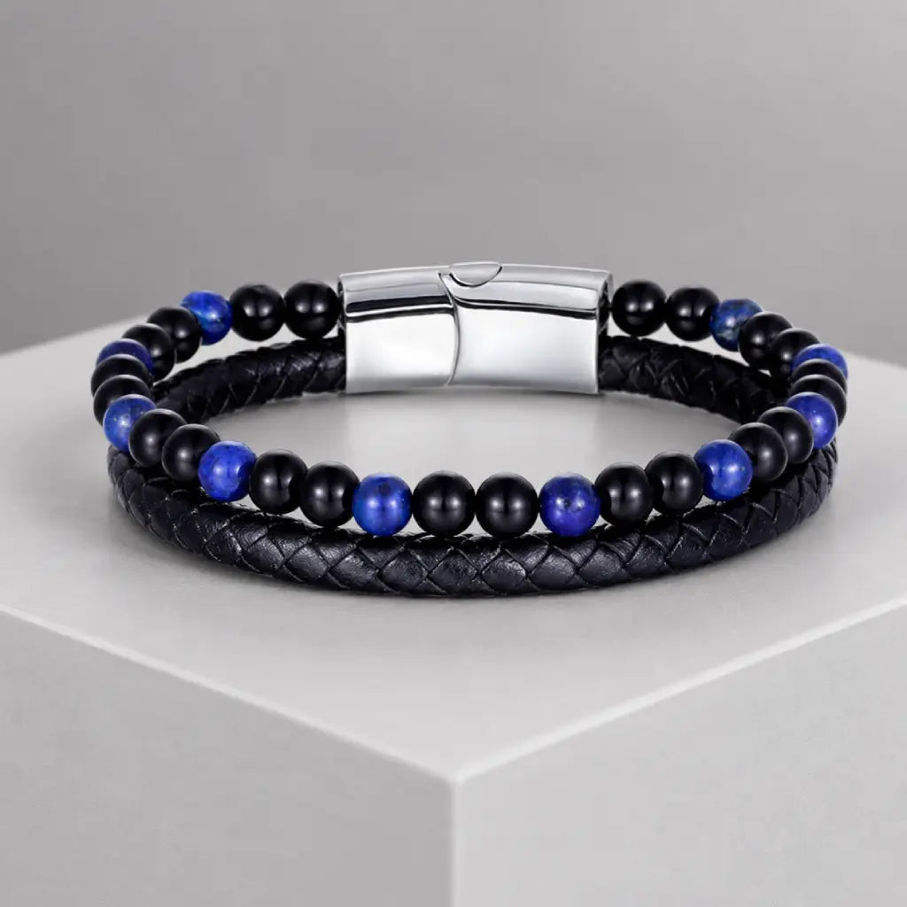 Lapis Lazuli bracelet featuring woven leather and natural stone beads delivers sleek luxury appeal