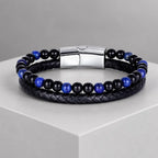 Lapis Lazuli bracelet featuring woven leather and natural stone beads delivers sleek luxury appeal