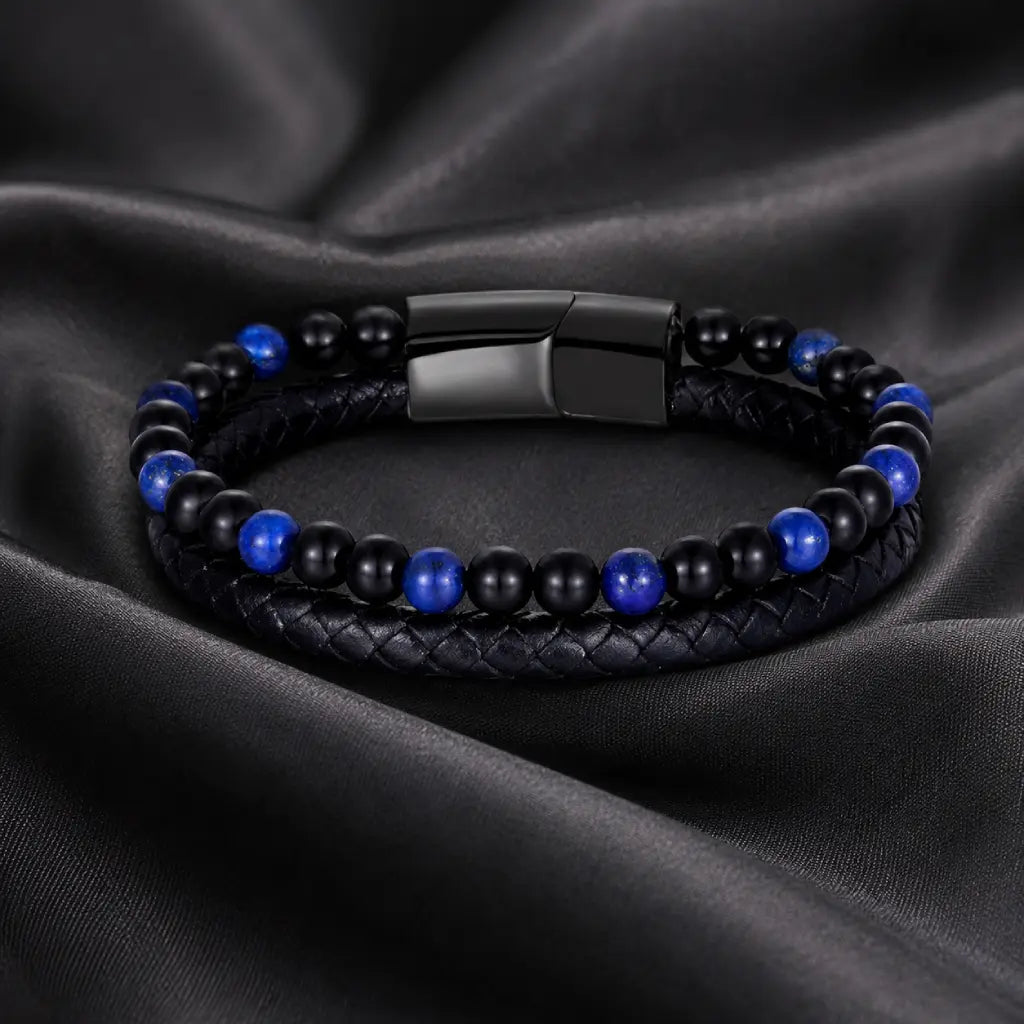 Lapis Lazuli bracelet with braided leather and polished gemstone beads creates premium luxury appeal