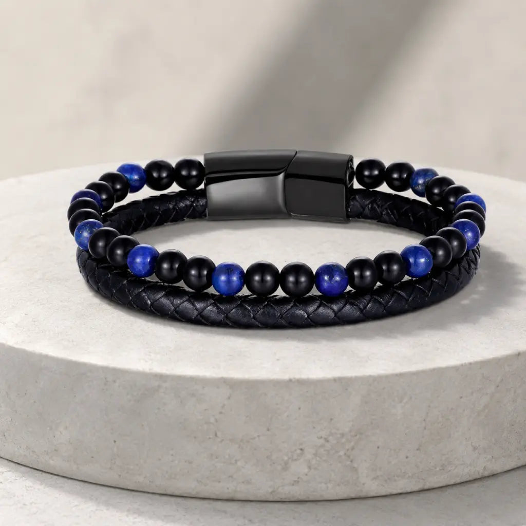 Lapis Lazuli bracelet featuring natural gemstone beads and woven leather delivers timeless appeal