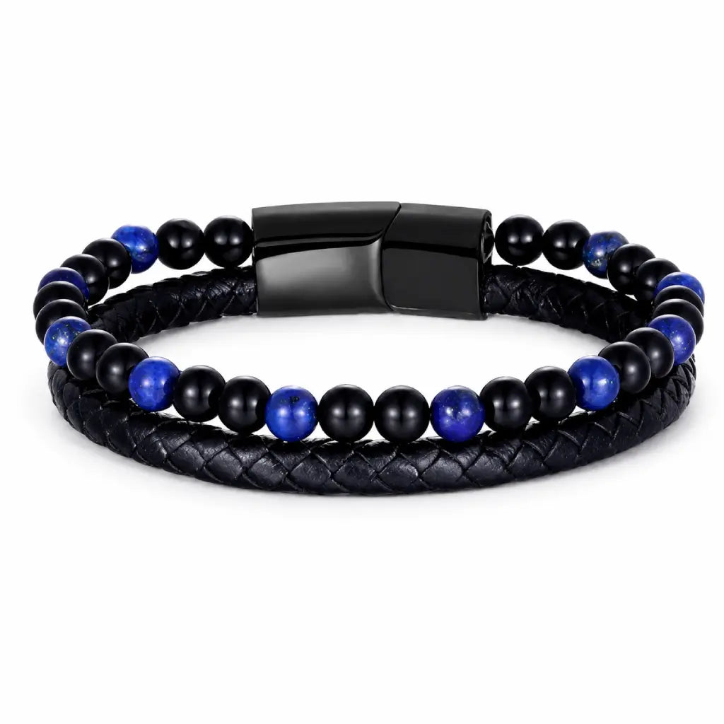 Lapis Lazuli bracelet with polished natural stone beads and woven leather offers luxury appeal