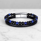 Lapis Lazuli bracelet with black gemstone beads and braided leather creates confident daily style
