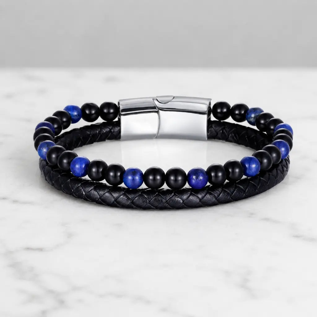 Lapis Lazuli bracelet with black gemstone beads and braided leather creates confident daily style