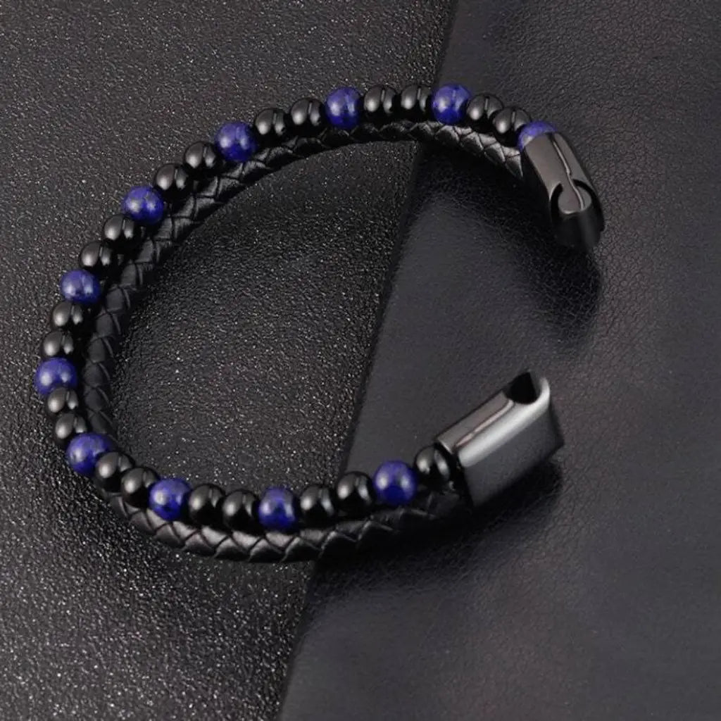 Lapis Lazuli bracelet with blue gemstone accents and braided leather adds sleek everyday style