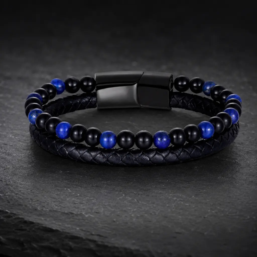 Lapis Lazuli bracelet with vibrant gemstone accents and braided leather enhances sleek style appeal