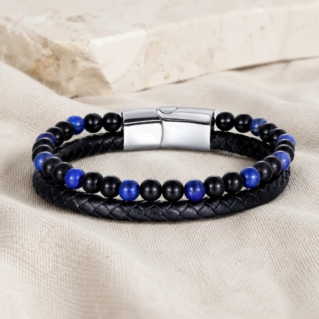 Lapis Lazuli bracelet with polished gemstone beads and woven leather offers timeless modern elegance