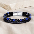 Lapis Lazuli bracelet with polished gemstone beads and woven leather offers timeless modern elegance