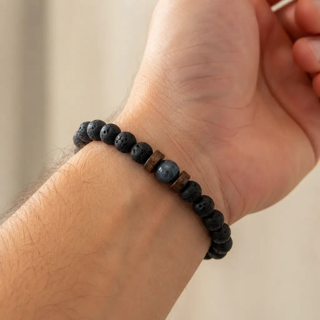 Lava labradorite bracelet displayed on wrist highlighting lava stone texture and gemstone centerpiece for comfort