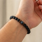 Lava labradorite bracelet displayed on wrist highlighting lava stone texture and gemstone centerpiece for comfort