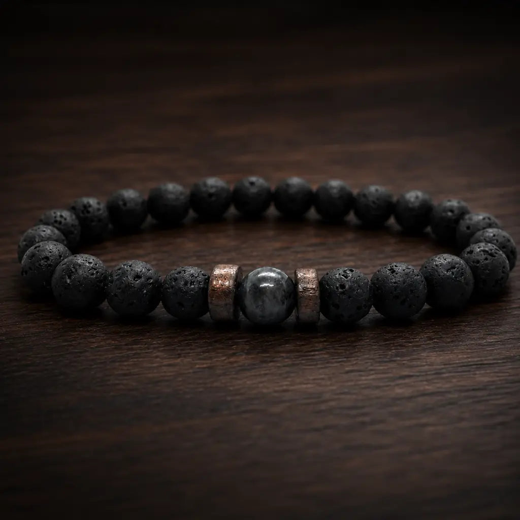 Lava labradorite bracelet presented on wood surface with natural lava stone beads and elegant gemstone center