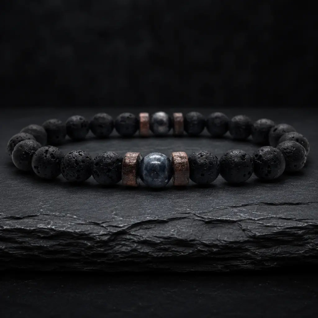 Lava labradorite bracelet featuring handcrafted lava rock beads and polished gemstone focal point for daily use
