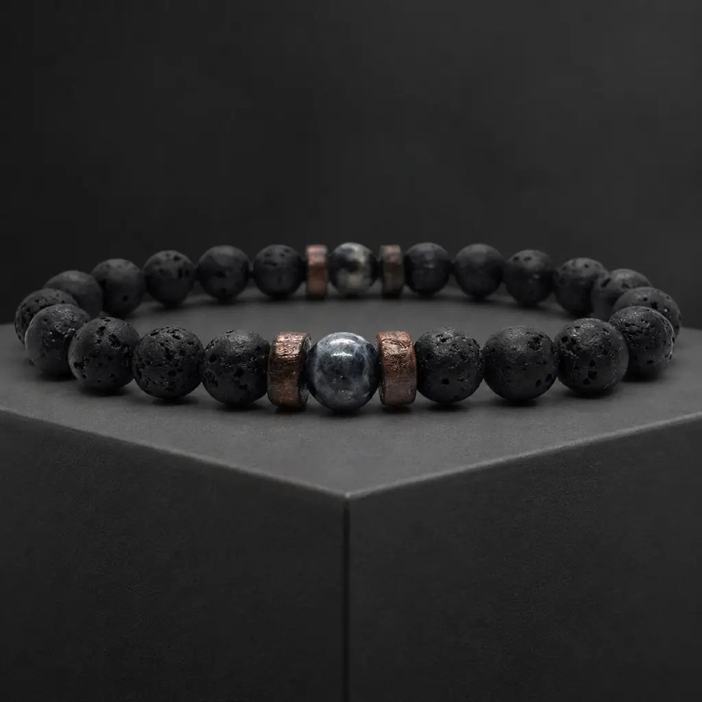 Lava labradorite bracelet showcased with volcanic rock beads and natural crystal centerpiece for everyday wear