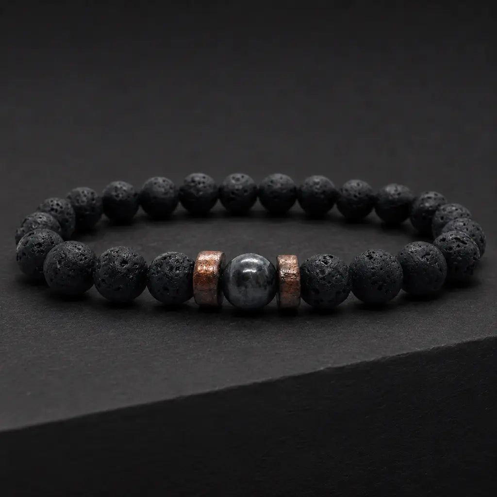 Lava labradorite bracelet with natural volcanic beads and gemstone centerpiece creating a refined modern look