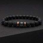 Lava labradorite bracelet with natural volcanic beads and gemstone centerpiece creating a refined modern look