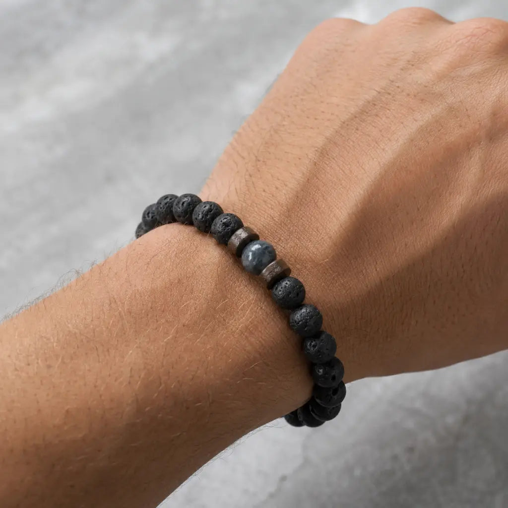 Lava labradorite bracelet worn on wrist showing volcanic stone beads and gemstone centerpiece for everyday fashion