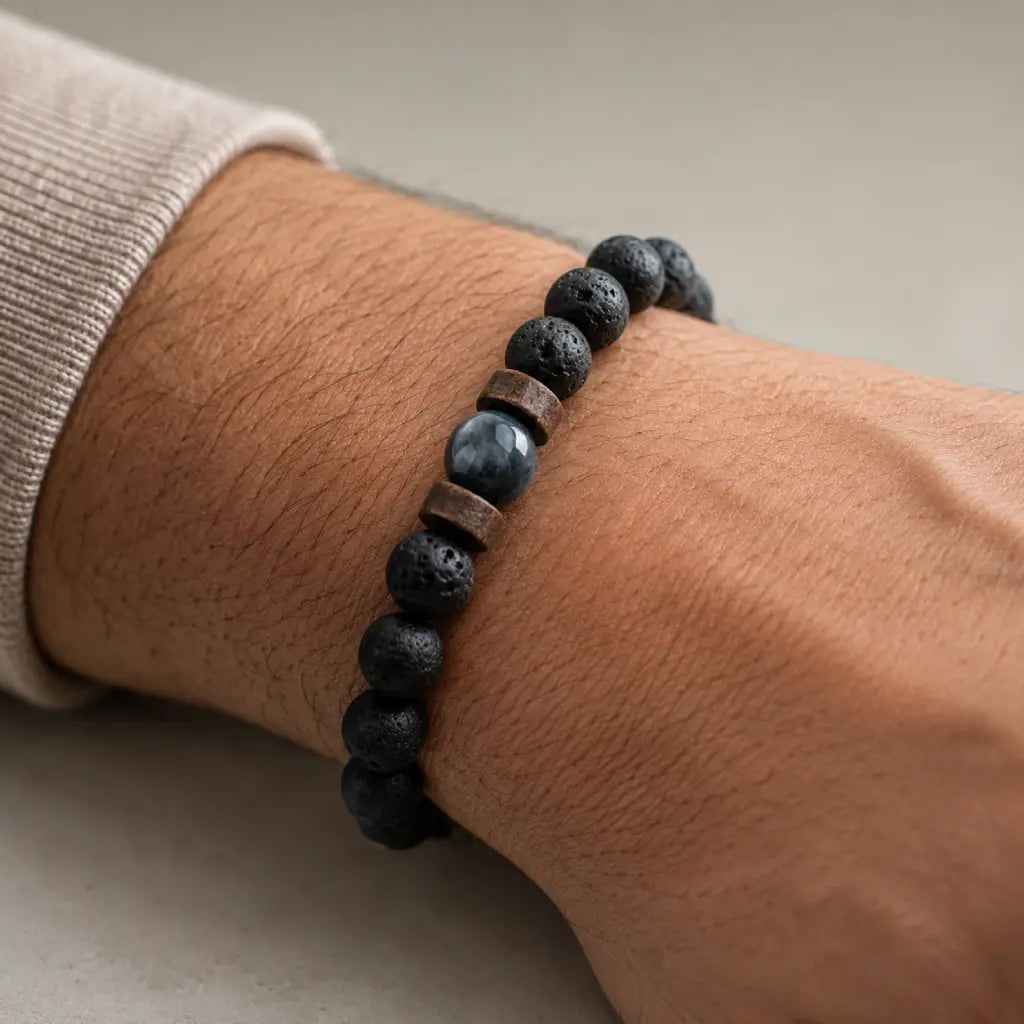 Lava labradorite bracelet worn casually with volcanic beads and natural gemstone accent for versatile styling
