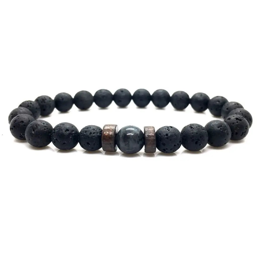 Lava labradorite bracelet product image with volcanic stone beads and polished crystal center for modern wear