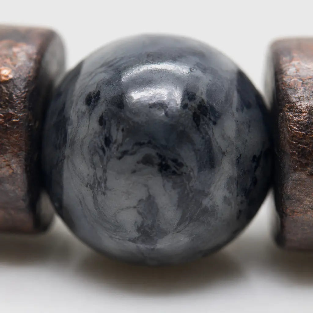 Lava labradorite bracelet macro view showing polished labradorite gemstone and decorative spacer bead details