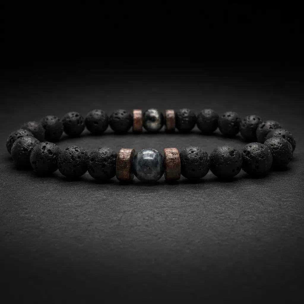 Lava labradorite bracelet with textured lava stone beads and elegant gemstone center for confident styling