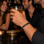 Lava Rock Lapis Lazuli bracelet worn at a social gathering with genuine lava stone beads and blue gemstone adding modern masculine style.