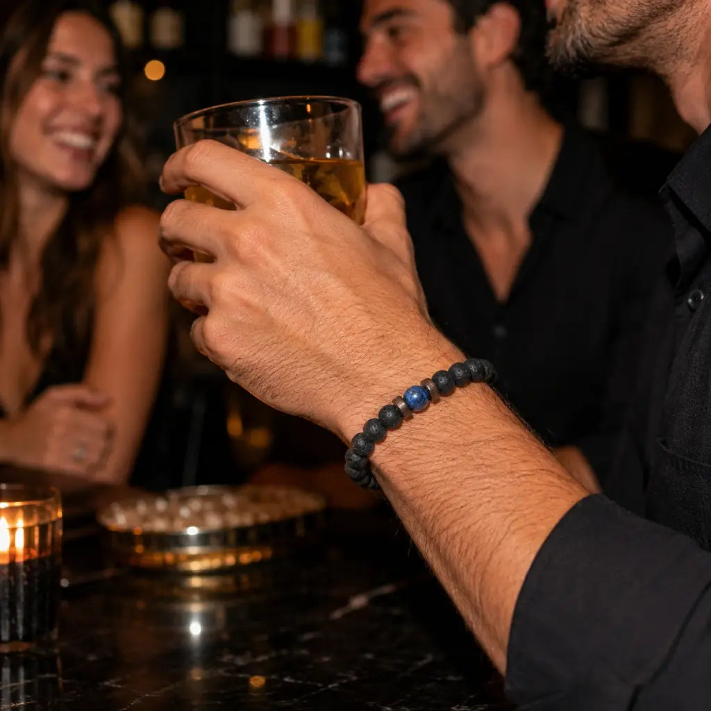 Lava Rock Lapis Lazuli bracelet worn at a social gathering with genuine lava stone beads and blue gemstone adding modern masculine style.