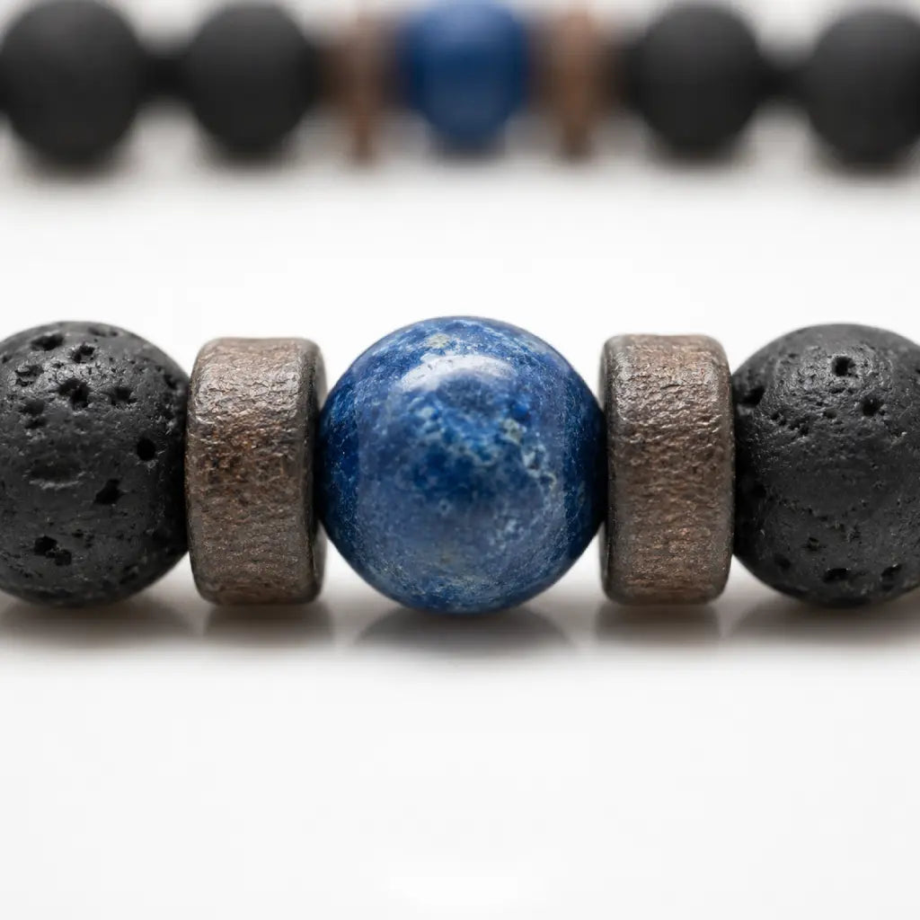 Lava Rock Lapis Lazuli bracelet close-up displaying genuine blue lapis gemstone framed by natural lava stone beads for elegant handcrafted jewelry.