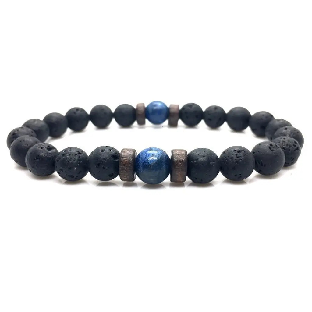 Lava Rock Lapis Lazuli bracelet featuring natural black lava stone beads with a polished blue lapis centerpiece and handcrafted premium craftsmanship.