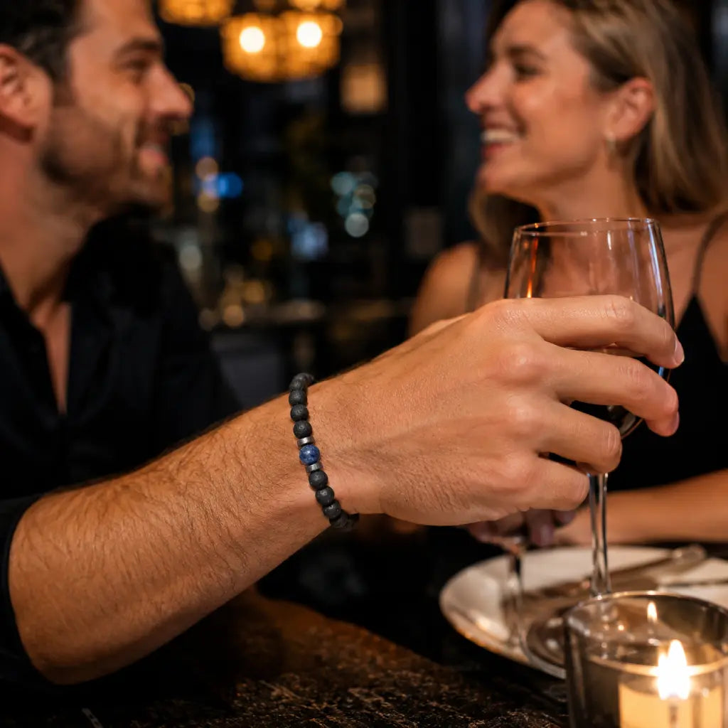 Lava Rock Lapis Lazuli bracelet paired with evening attire showcasing genuine lava stone beads and polished blue gemstone for refined style.