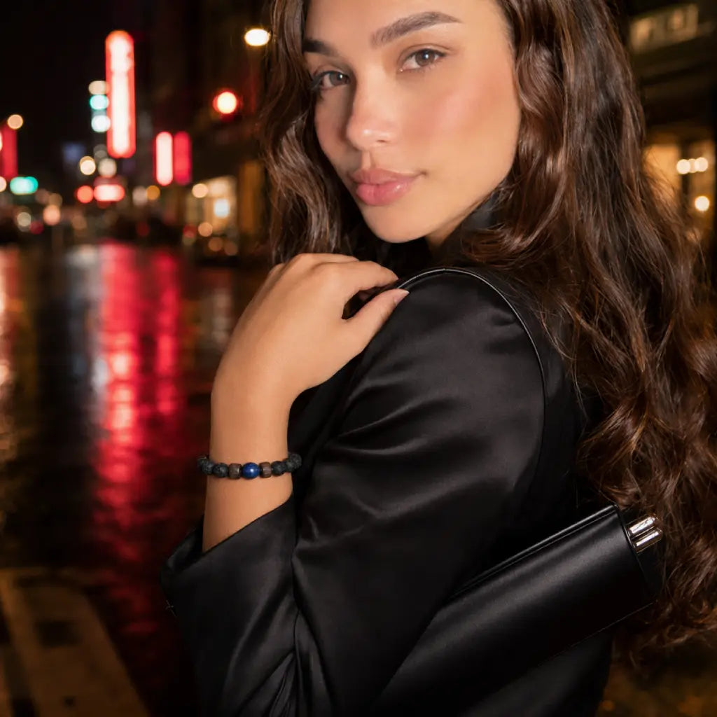 Lava Rock Lapis Lazuli bracelet paired with an elegant dinner outfit, showcasing authentic volcanic stone beads and natural blue lapis for sophisticated fashion.