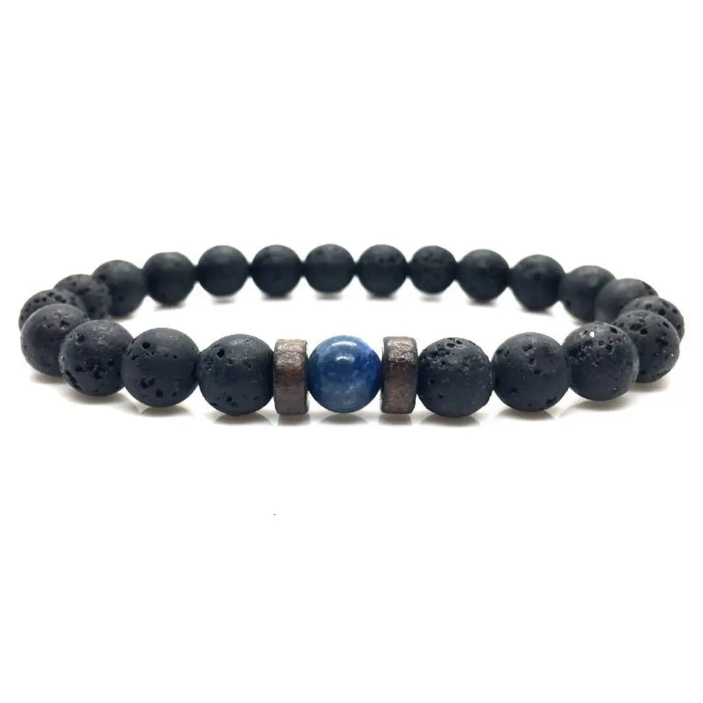 Lava Rock Lapis Lazuli bracelet displaying authentic volcanic lava beads and genuine blue lapis gemstone in a clean product presentation for premium jewelry.