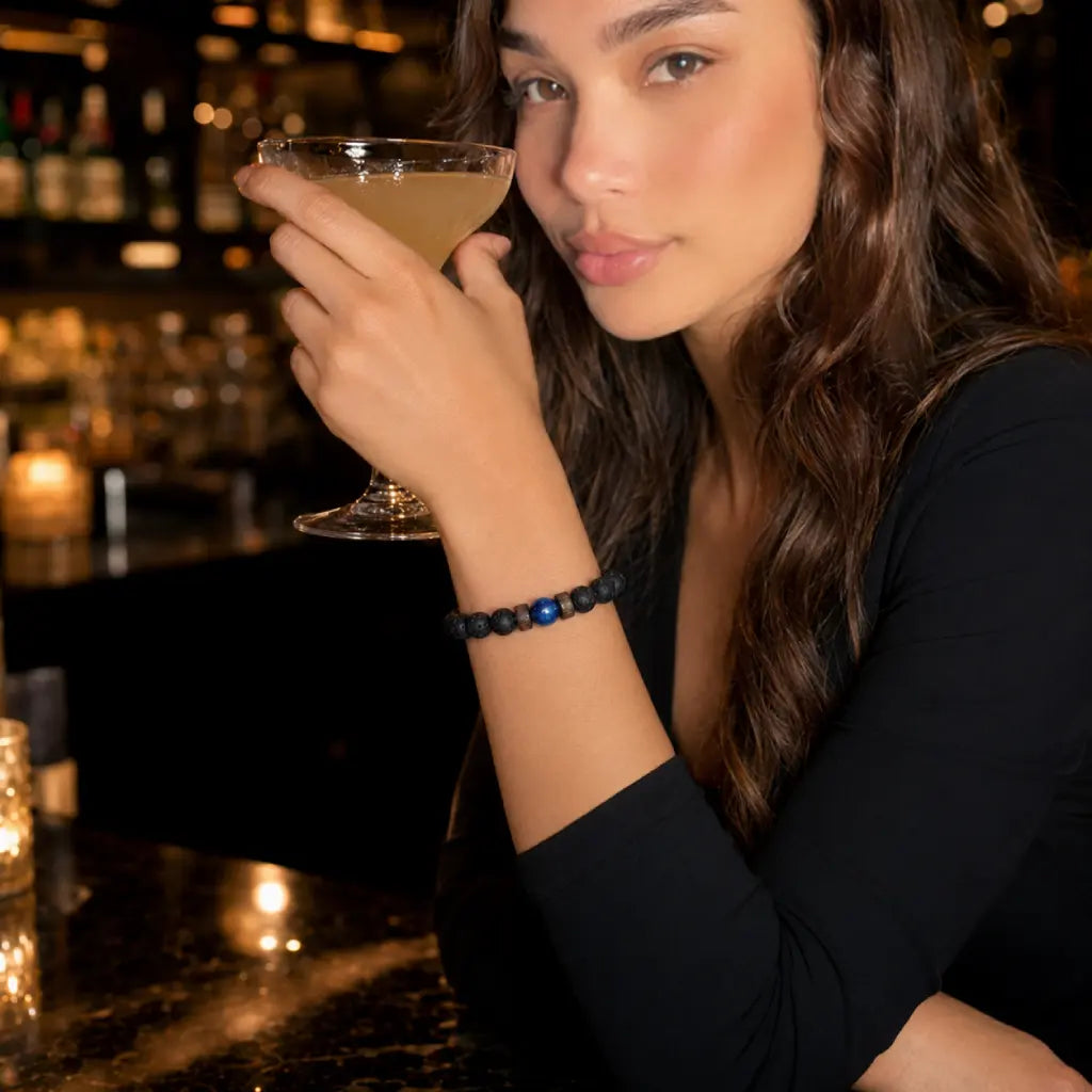 Lava Rock Lapis Lazuli bracelet styled with a coffee break, highlighting genuine lava stone beads and polished lapis gemstone for effortless everyday fashion.