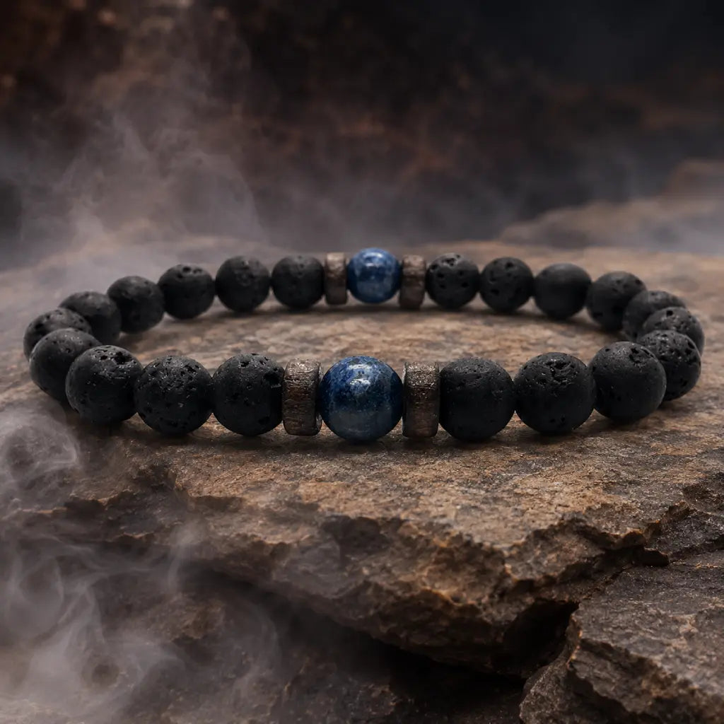 Lava Rock Lapis Lazuli bracelet featuring authentic volcanic stone beads and rich blue lapis centerpiece in a rugged natural setting.