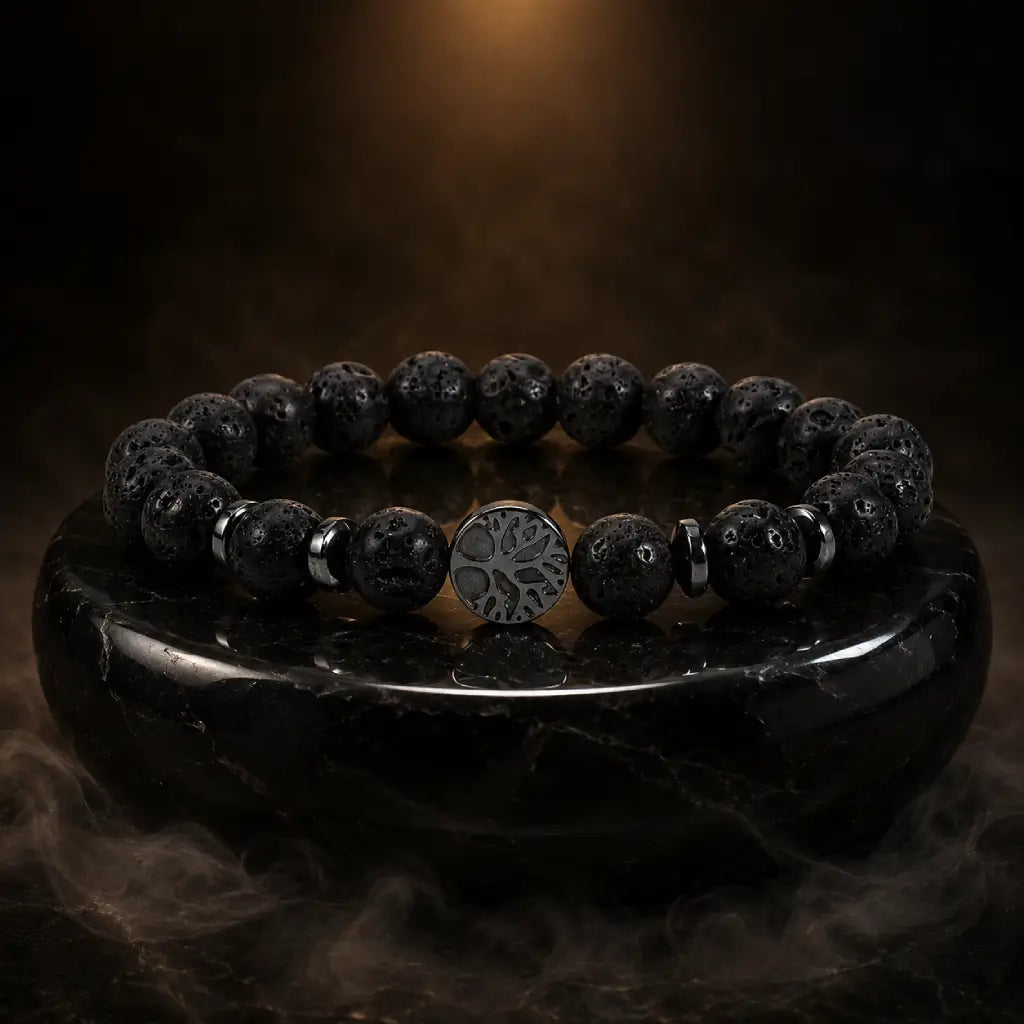 Lava stone bracelet on dark luxury platform featuring volcanic bead craftsmanship for premium visual appeal.
