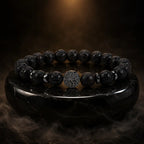 Lava stone bracelet on dark luxury platform featuring volcanic bead craftsmanship for premium visual appeal.