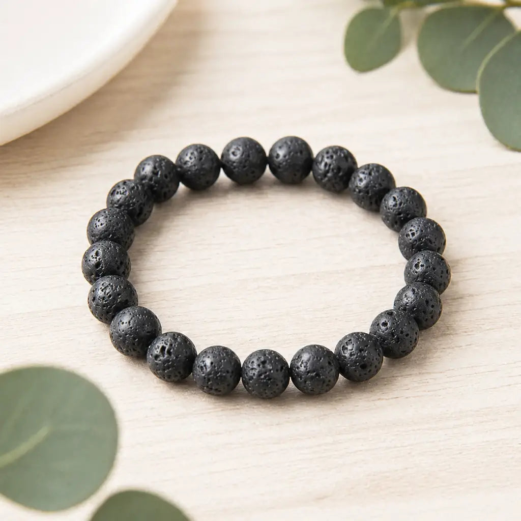 Lava stone bracelet black bead stretch bracelet on wood with eucalyptus, natural diffuser jewelry for calm style