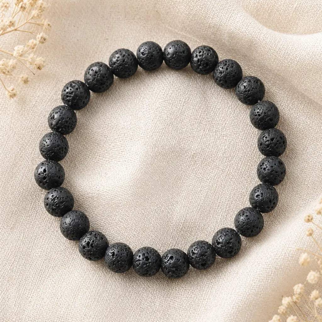 Lava stone bracelet black porous bead bracelet on linen with dried flowers, grounding crystal jewelry modern gift