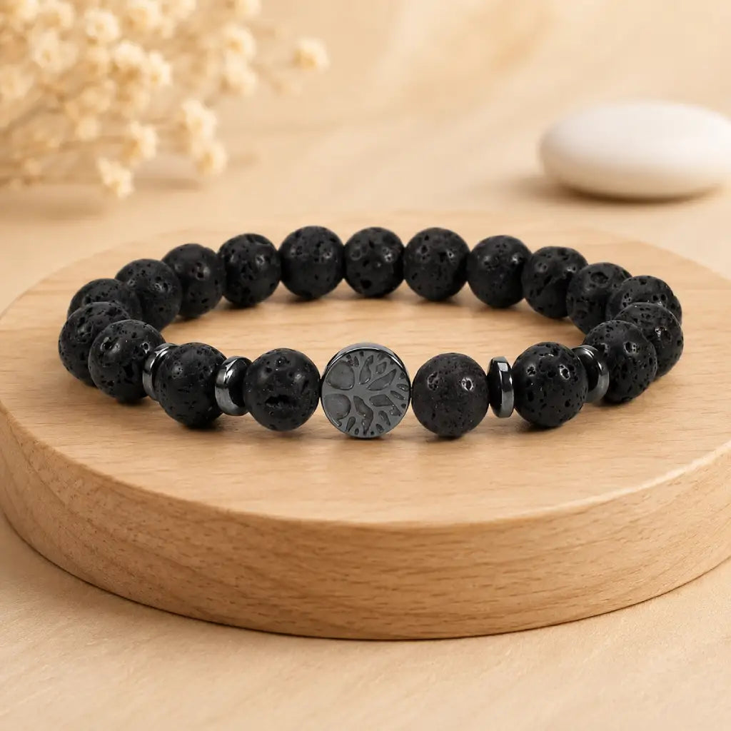 Lava stone bracelet on wooden display with volcanic bead texture for wellness inspired modern jewelry.