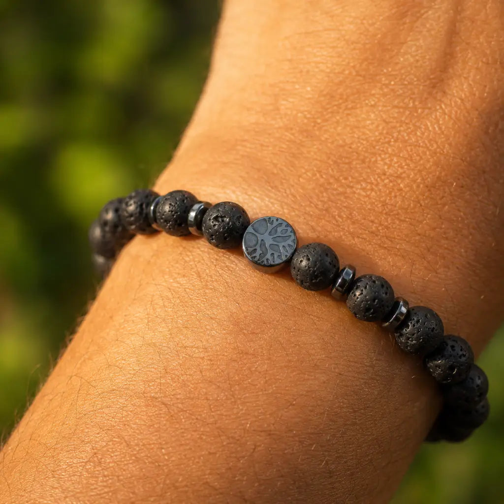 Lava stone bracelet close-up showing textured volcanic beads and premium craftsmanship for natural appeal.