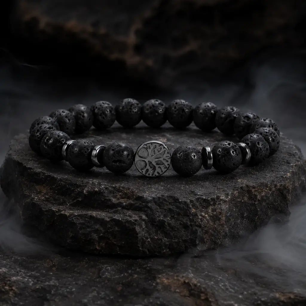 Lava stone bracelet displayed on natural rock with volcanic beads emphasizing strength and modern design.