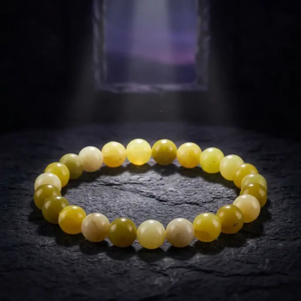 Lemon jade bracelet on textured dark stone with dramatic lighting, premium gemstone jewelry for bold elegant display

