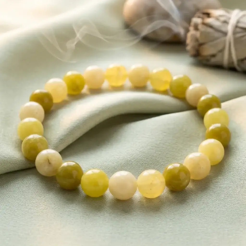 Lemon jade bracelet on soft fabric with incense smoke, natural gemstone jewelry for calming mindful aesthetic appeal
