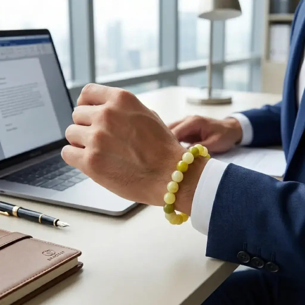 Lemon jade bracelet worn at office desk with laptop, professional gemstone jewelry for stylish daily wear confidence

