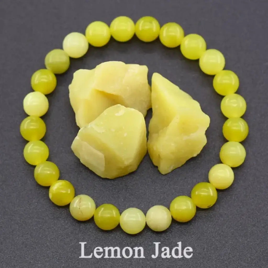 Lemon jade bracelet with polished round beads and raw stone pieces on black background, elegant crystal gift style

