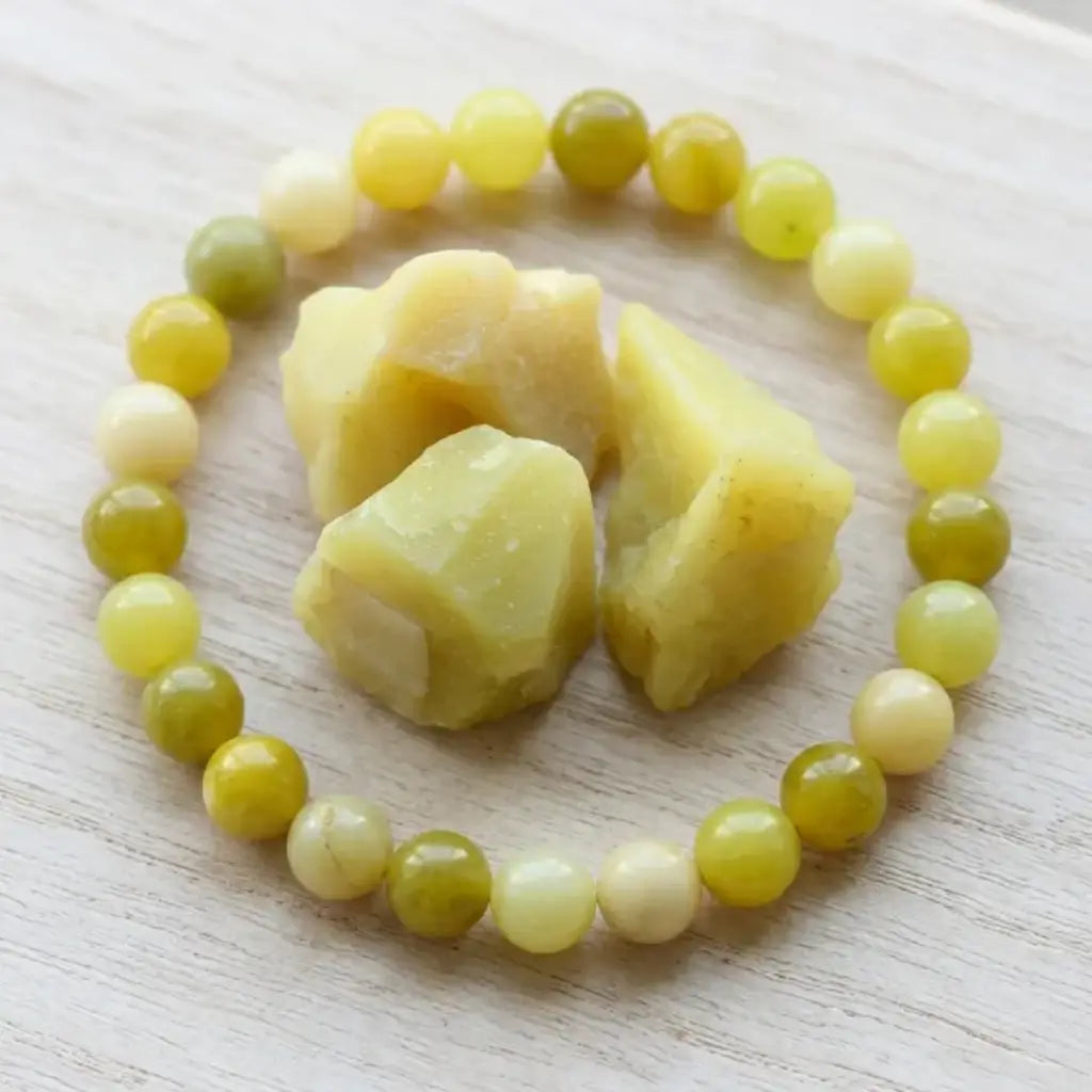 Lemon jade bracelet with raw stone pieces and polished beads, natural gemstone jewelry for authentic crystal appeal

