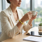 Lemon jade bracelet worn in modern office with coffee, polished gemstone jewelry for professional elegant everyday style
