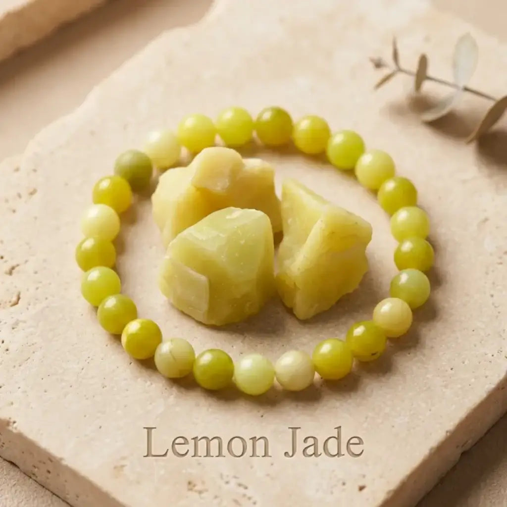 Lemon jade bracelet with raw stone pieces and glossy beads, natural crystal jewelry for serene gifting appeal
