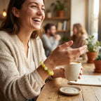 Lemon jade bracelet worn at cozy cafe with coffee cup, natural gemstone jewelry for relaxed everyday style and comfort
