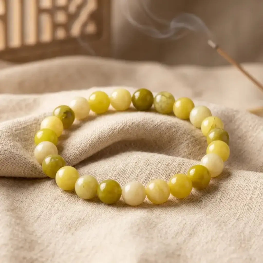 Lemon jade bracelet on textured fabric with warm tones, premium gemstone jewelry for cozy natural styling presentation
